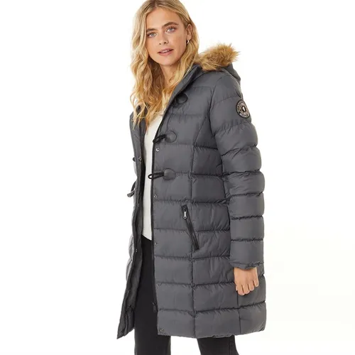 Brave Soul Womens Wizard Long Padded Jacket With Faux Fur Trim Hood Grey