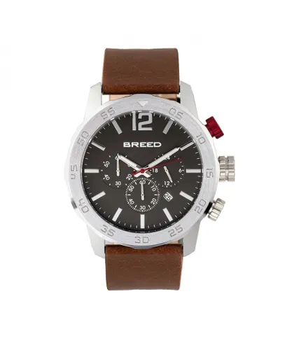 Breed Mens Manuel Chronograph Leather-Band Watch w/Date - Silver & Brown Stainless Steel - One Size