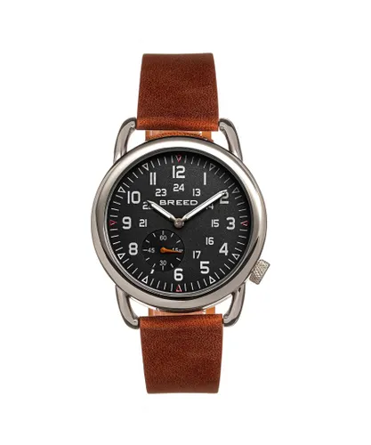 Breed Mens Regulator Leather-Band Watch w/Second Sub-dial - Black/Brown Stainless Steel - One Size