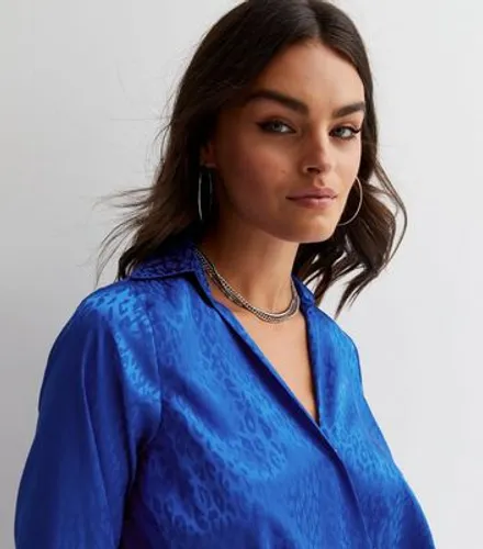 Bright Blue Leopard Print Jacquard Satin Long Sleeve Wrap Blouse New Look
