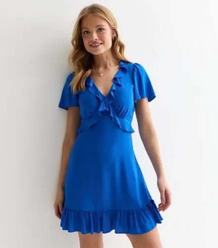 Bright Blue Ruffle Front Mini Dress New Look