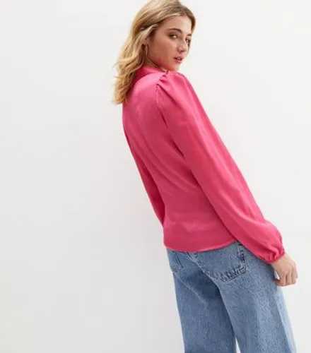 Bright Pink Collared Long Puff Sleeve Ring Wrap Top New Look