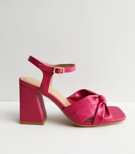 Bright Pink Leather-Look 2 Part Knot Block Heel Sandals New Look
