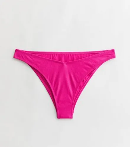 Bright Pink Ribbed V Front Bikini Bottoms New Look