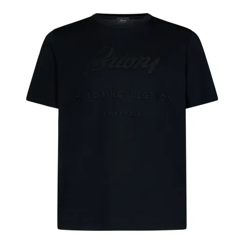 Brioni , Black Cotton T-Shirt with Embroidered Logo ,Black male, Sizes: