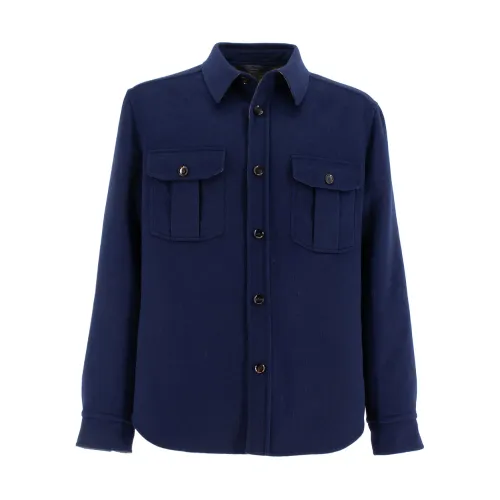 Brioni , Double Cashmere Shirt Jacket ,Blue male, Sizes: