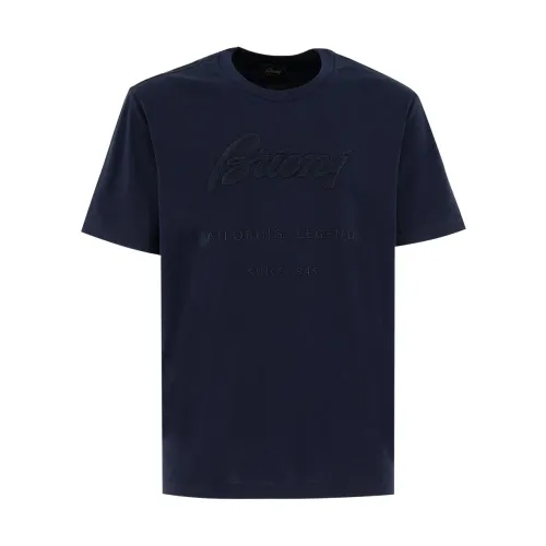 Brioni , Navy Crew-neck T-shirt with Front Embroidery ,Blue male, Sizes: