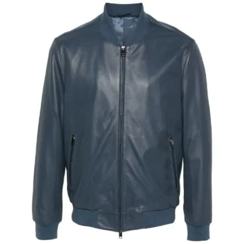 Brioni , Steel Blue Perforated Leather Bomber Jacket ,Blue male, Sizes: