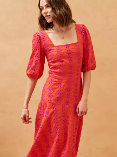 Brora Organic Cotton Embroidered Cut Out Back Tea Dress - Fuchsia/Flame - Female