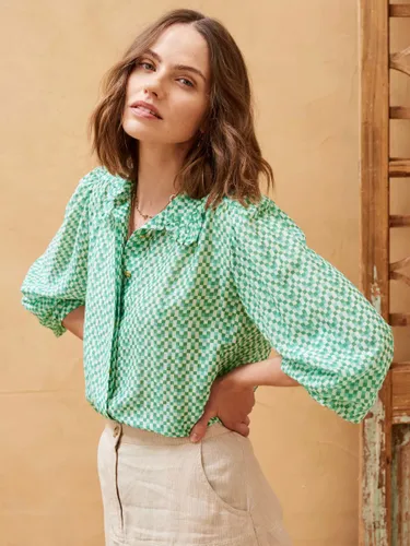 Brora Silk Cotton Checkerboard Print Blouse, Emerald/Multi - Emerald/Multi - Female