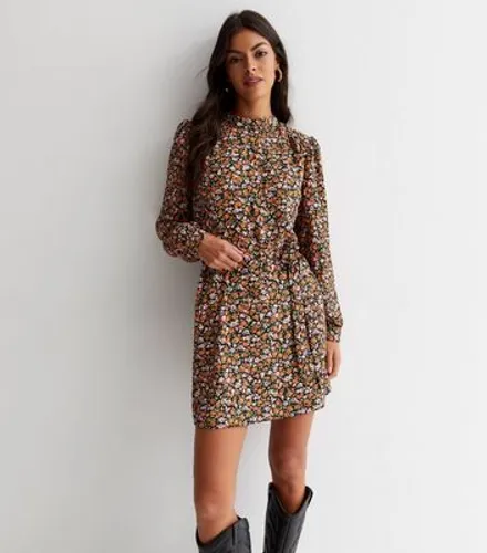 Brown Floral High Neck Long Sleeve Belted Mini Dress New Look