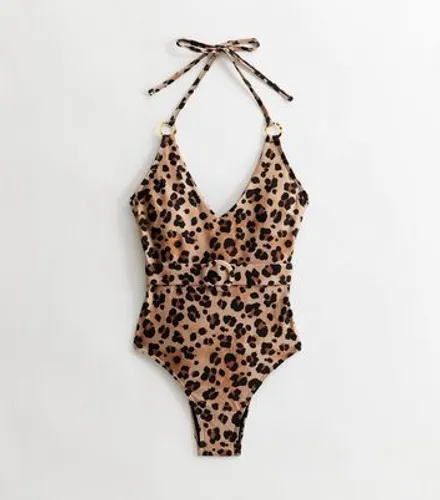Brown Leopard Print Belted Halter Swimsuit New Look