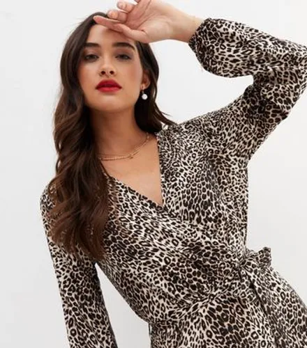 Brown Leopard Print Split Hem Long Sleeve Midi Wrap Dress New Look