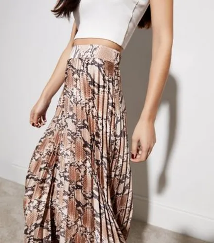 Brown Snake Print Satin Pleated Midaxi Skirt New Look
