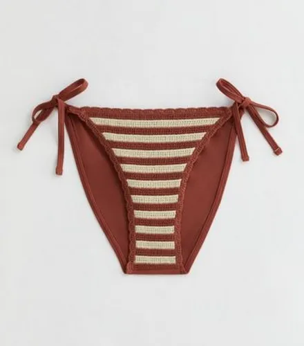 Brown Stripe Crochet Tie Side Bikini Bottoms New Look