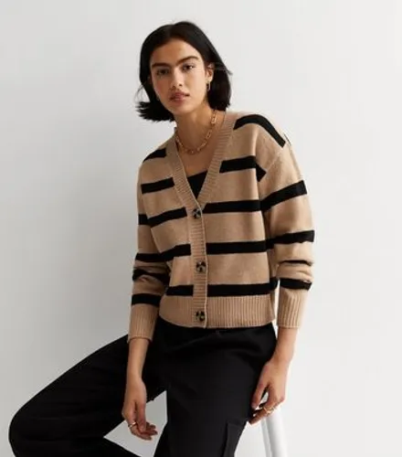 Brown Stripe Knit Button Front Cardigan New Look