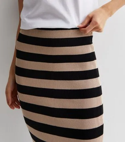 Brown Stripe Ribbed Knit High Waist Midaxi Skirt New Look