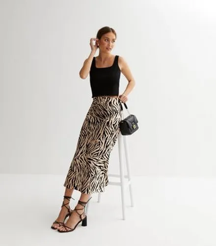 Brown Zebra Print Satin Bias Cut Midi Skirt New Look
