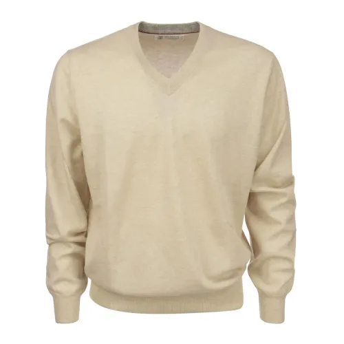 Brunello Cucinelli , Beige Cashmere V-Neck Sweater ,Beige male, Sizes: