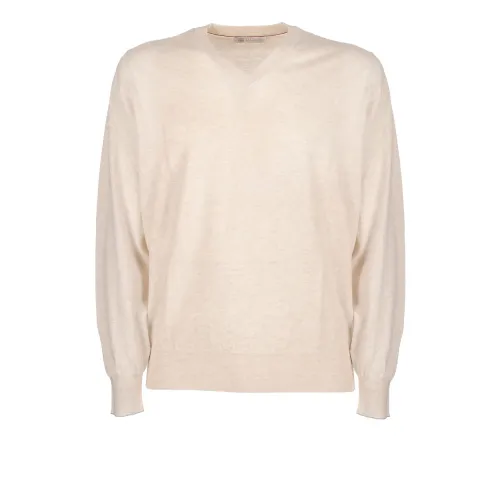 Brunello Cucinelli , Beige Cotton V-Neck Sweater ,Beige male, Sizes: