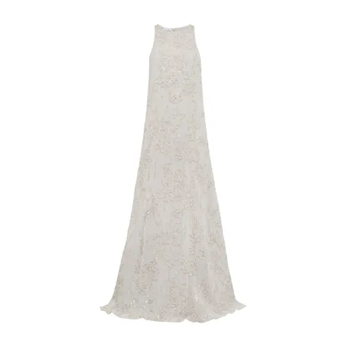 Brunello Cucinelli , Beige Dazzling Flower Embroidered Maxi Dress ,Beige female, Sizes:
