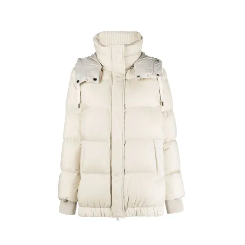 Brunello Cucinelli , Beige Hooded Padded Jacket with Knitted Panels ,Beige female, Sizes: