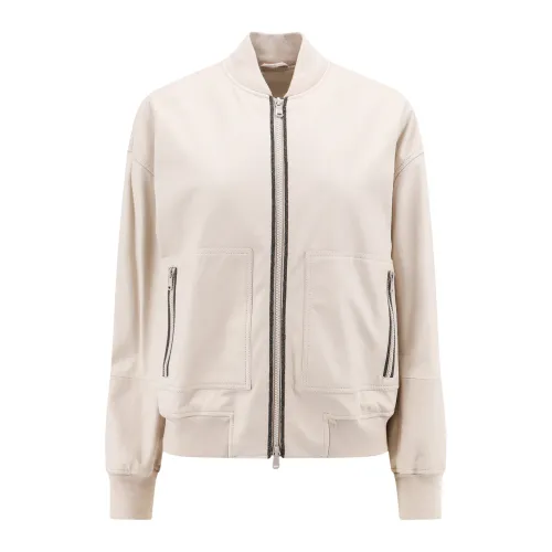 Brunello Cucinelli , Beige Leather Jacket with Zip Closure ,Beige female, Sizes: