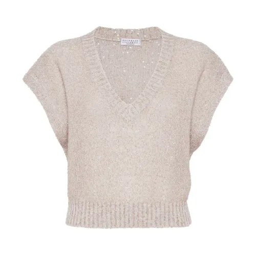 Brunello Cucinelli , Beige Sequin Linen Cashmere Silk Sweater ,Beige female, Sizes: