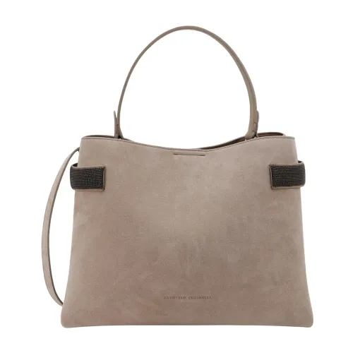 Brunello Cucinelli , Beige Suede Handbag with Magnetic Closure ,Beige female, Sizes: ONE SIZE