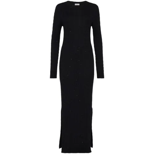 Brunello Cucinelli , Black Dazzling Cables Cotton Knit Dress ,Black female, Sizes: