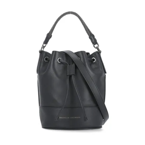 Brunello Cucinelli , Black Leather Handbag with Diamond Cut Brass Detailing ,Black female, Sizes: ONE SIZE