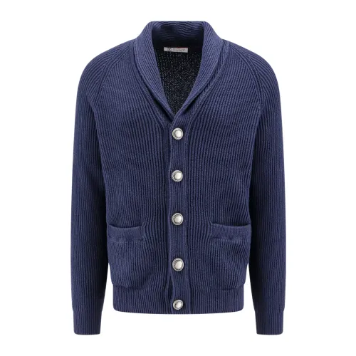 Brunello Cucinelli , Blue Knitwear with Golden Metal Buttons ,Blue male, Sizes: