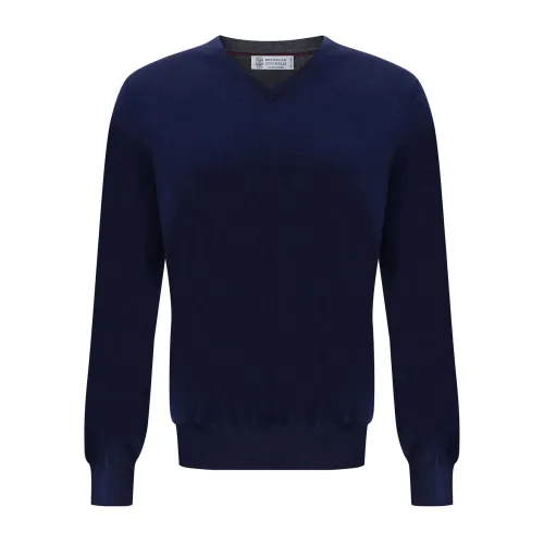 Brunello Cucinelli , Blue Sweater with V-Neck and Ribbed Trims ,Blue male, Sizes: