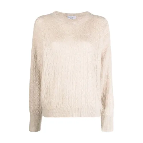 Brunello Cucinelli , Brown Metallic Cable Knit Sweater ,Beige female, Sizes: