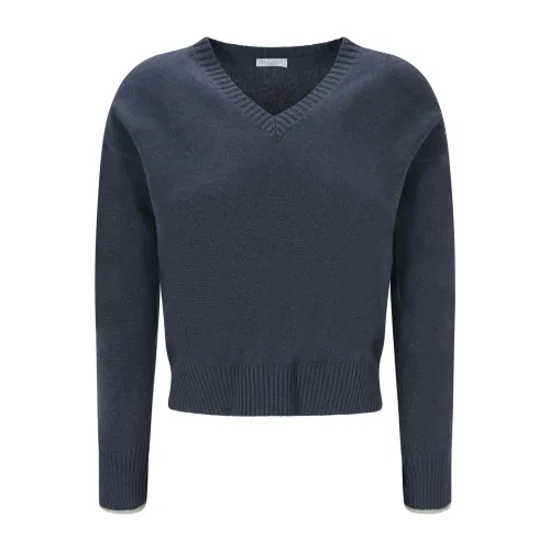 Brunello Cucinelli , Cashmere V Neck Sweater ,Blue male, Sizes: