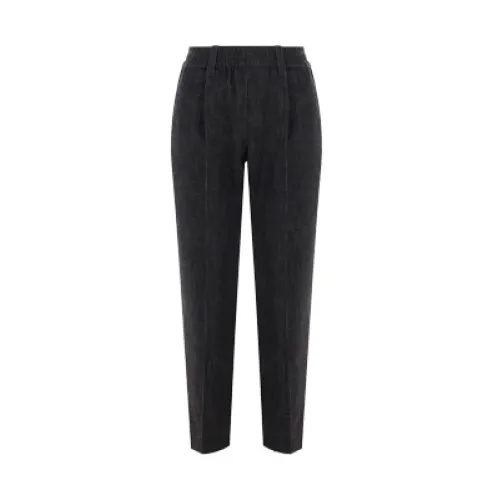 Brunello Cucinelli , Cropped Baggy-Fit Chambray Trousers with Monile Details ,Black female, Sizes:
