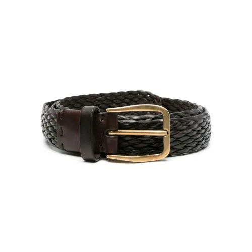 Brunello Cucinelli , Dark Woven Leather Belt with Adjustable Gold Buckle ,Brown male, Sizes: