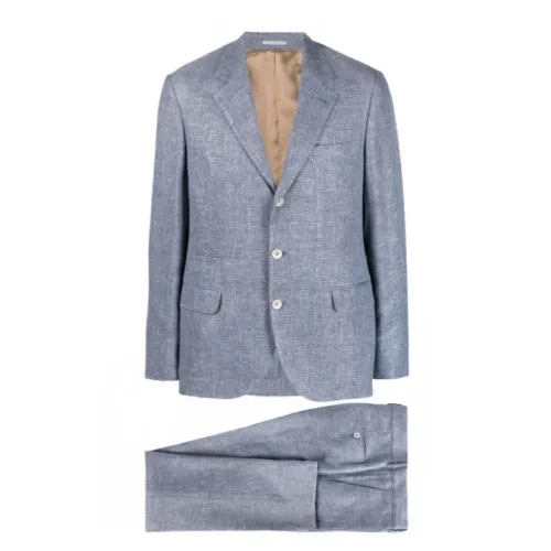 Brunello Cucinelli , Elegant Blue Linen-Wool Suit ,Blue male, Sizes: