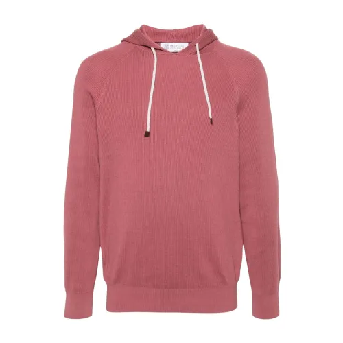 Brunello Cucinelli , Fuchsia Ribbed Cotton Hooded Sweater ,Pink male, Sizes: