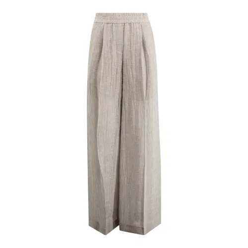 Brunello Cucinelli , Grey Linen Blend Palazzo Trousers ,Gray female, Sizes: