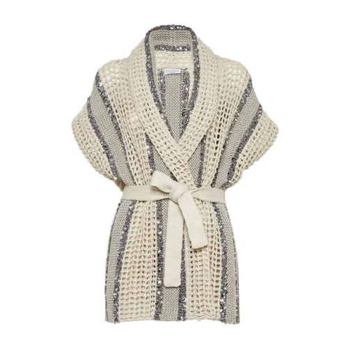 Brunello Cucinelli , Ivory and Grey Sequin Cardigan with Shawl Collar and Removable Belt ,Multicolor female, Sizes: