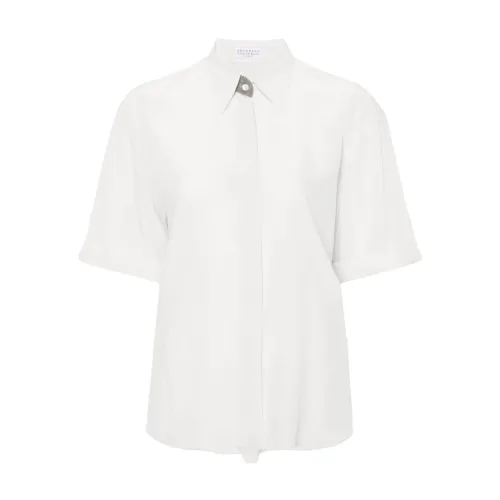 Brunello Cucinelli , Ivory Crepe de Chine Shirt with Monile Detail ,White female, Sizes: