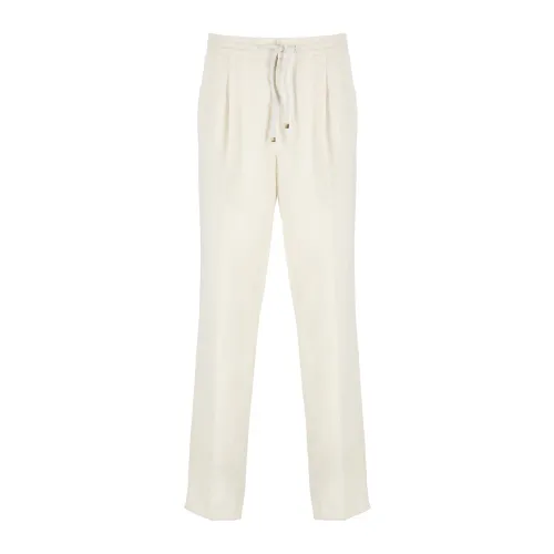Brunello Cucinelli , Ivory Linen and Cotton Trousers with Elastic Waist ,Beige male, Sizes: