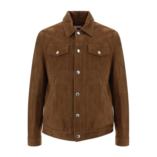 Brunello Cucinelli , Leather Jacket with Flap Pockets ,Brown male, Sizes: