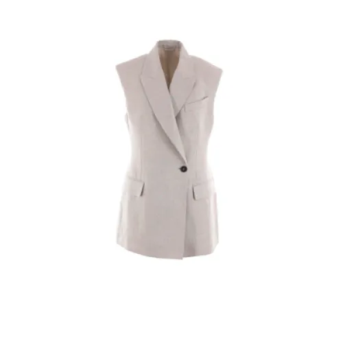 Brunello Cucinelli , Light Grey Double-Breasted Sleeveless Jacket ,Gray female, Sizes: