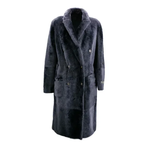 Brunello Cucinelli , Luxurious Double-Breasted Fur Coat ,Blue female, Sizes: