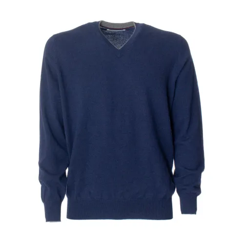 Brunello Cucinelli , Luxury V-Neck Cashmere Sweater for Men ,Blue male, Sizes: