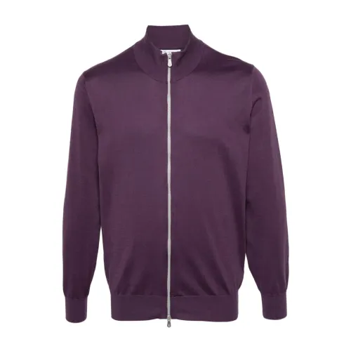 Brunello Cucinelli , Purple Cotton Zip-Up Jumper ,Purple male, Sizes: