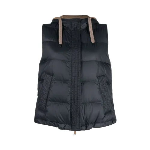 Brunello Cucinelli , Quilted Hooded Gilet in Navy Blue ,Blue female, Sizes: