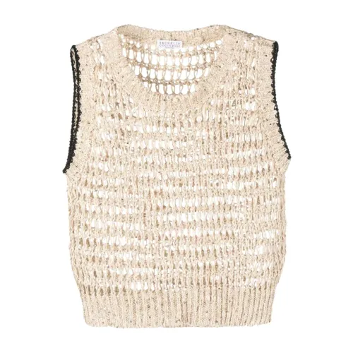 Brunello Cucinelli , Short Open Knit Sweater ,Beige female, Sizes: